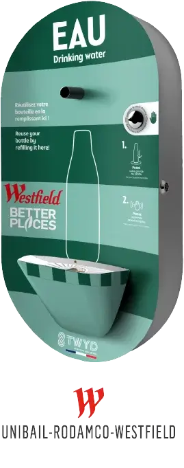 Fontaine à eau TWYD à Westfield, encouragent l’usage de bouteilles réutilisables pour une hydratation durable et écoresponsable.
